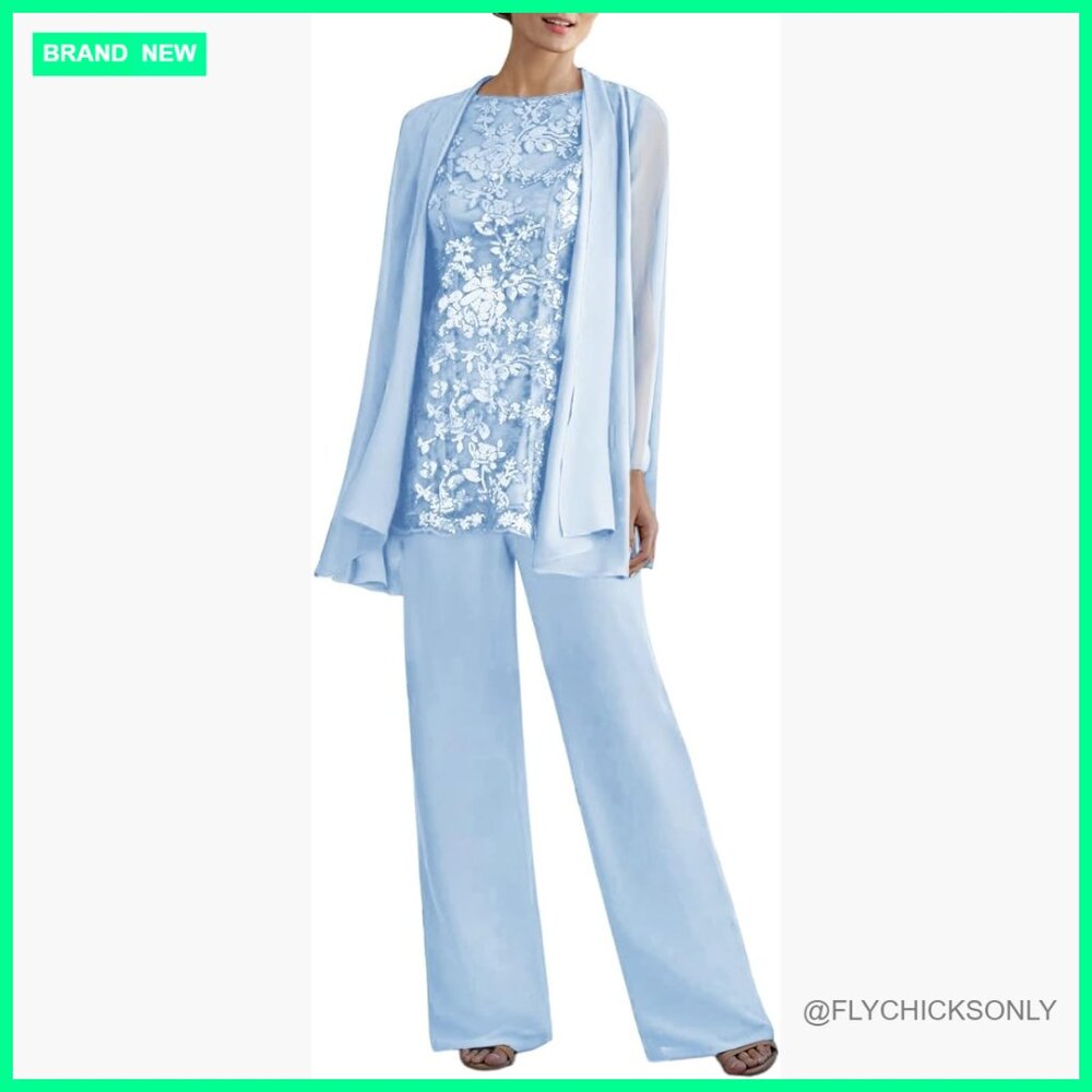 3 Piece Lace Pant Suit Set Formal Wedding Mother Of Bride Outfit